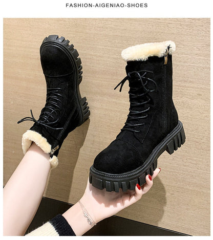 Winter Boots Lady Boots-Women Lace Up Australia Female Shoes Luxury Designer Round Toe Mid-Calf Snow Fashion Rubber Mid Cal