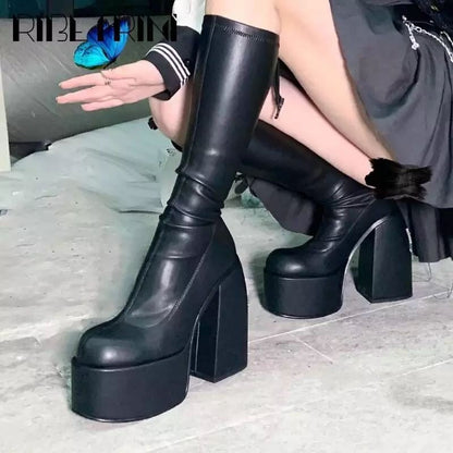 PU Leather Over-the-Knee Boots Women Punk Shoes Platform High-Heel Boots Chunky Motorcycle Black Autumn Mid-Calf Winter