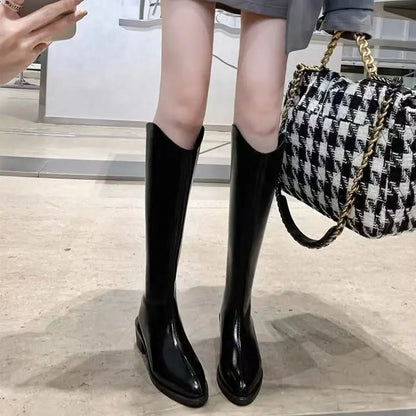 Ladies Boots Western Middle Heel Shoes For Women Pointed Toe Footwear Winter Knee High Shaft Punk Long With Stylish Y2k Pu