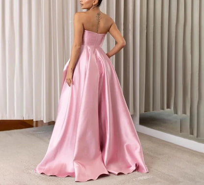 Sexy Strapless Evening Dresses For Women A Line High Side Slit Prom Dress Satin Long Formal Party Gowns robes de soirée