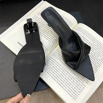 binfenxie Fashion Design Pleated Pointed Toe Women Slippers Elegant Thin Low Heels Summer Female Slide Shoes