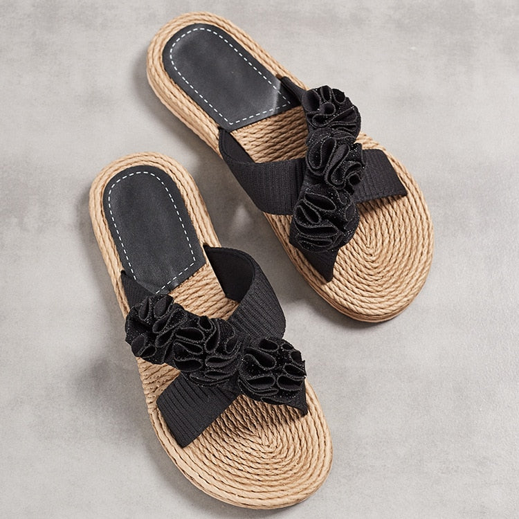 Handmade Ladies Home Slipper Hemp Straw Women Sandals Casual Outdoor Cross Slipper Female Summer Beach Wear Flat Heel Shoes