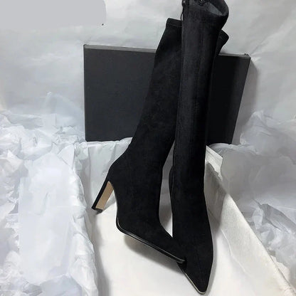 Winter Suede Long Boots Women Shoes Fashion Pointed Toe Knee High Bootties Ladies Sexy Thin High Heel Shoes