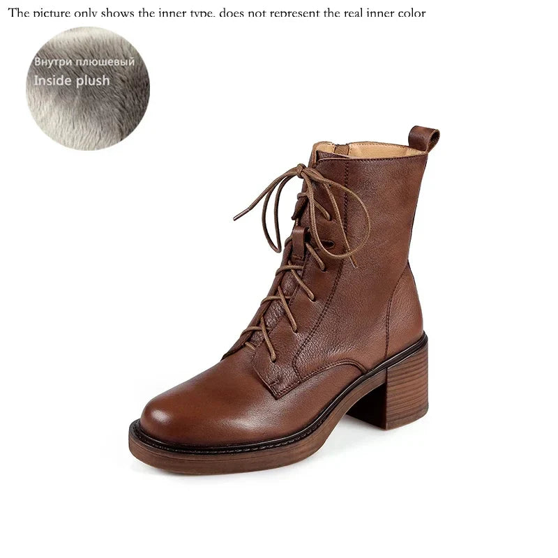 Winter Genuine Leather Women Boots Round Toe Thick Heel Lace Up Fashion Ankle Boots Retro Boots  Platform Shoes Heels Grown