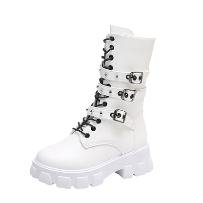 Goth Boots Woman Winter WOMEN ANKLE BOOTS Platform Shoes Sneakers Studded Belt Buckle Punk Army Chunky Heels Mid Calf Boots