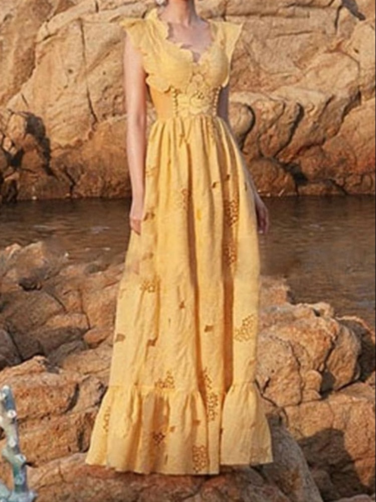 Backless Solid Yellow Dresses for Women Clothing Elegant Party Summer Lace Beach Sleeveless Boho Dress Female Woman Vestido