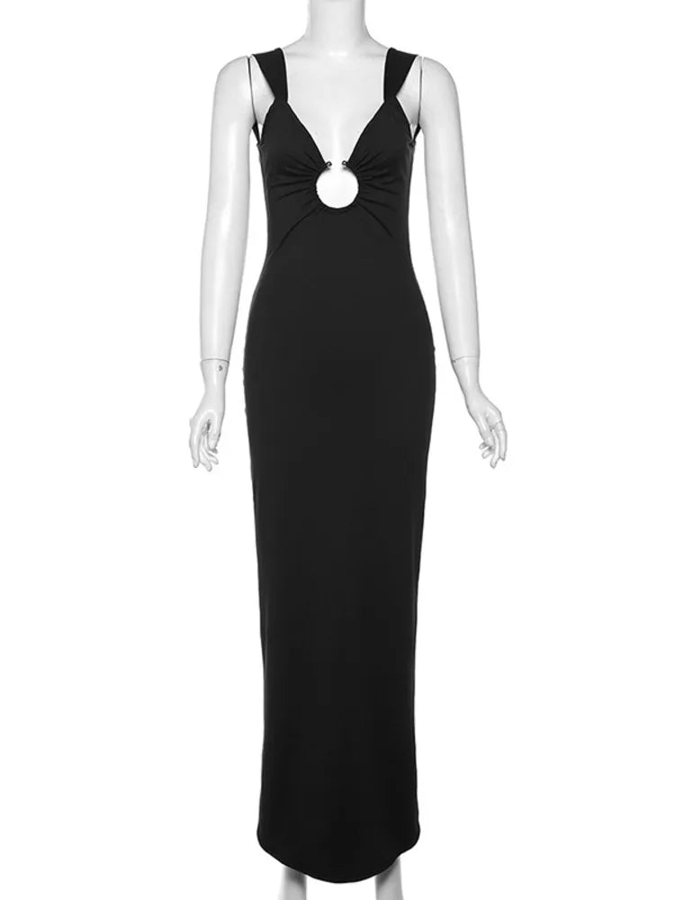 Elegant Hollow Out V-neck Slip Backless Party Evening Maxi Dress For Women Spring Sexy Slim Split Solid Dress