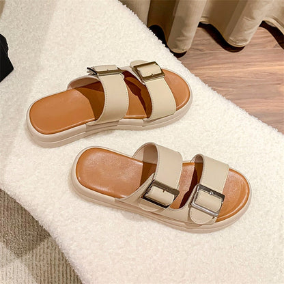 Meotina Women Genuine Leather Sandals Round Toe Flat Platform Slippers Ladies Summer Slides Fashion Buckle Beach Shoes Beige 40