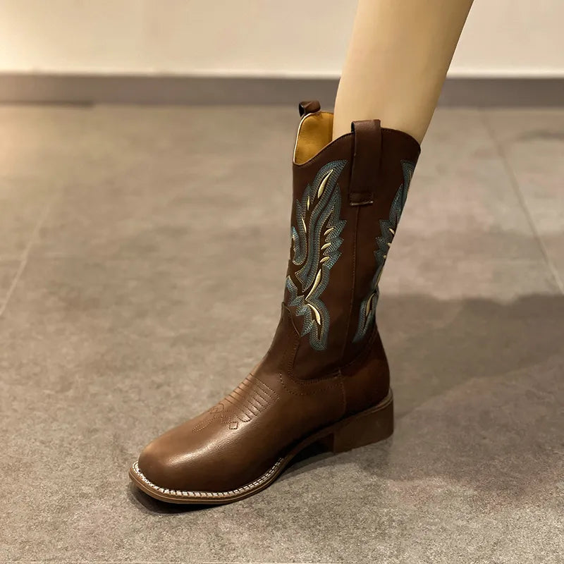 Embroidered Western Boots for Women  Autumn Winter PU Leather Mid-Calf Boots Woman Thick Heeled Cowboy Booties Female