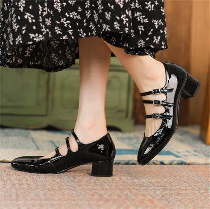 Spring/summer Mary Jane Shoes Patent Leather Woman Shoe French Square Toe Thick Heel Shoes Women Buckle Strap Commute Pumps