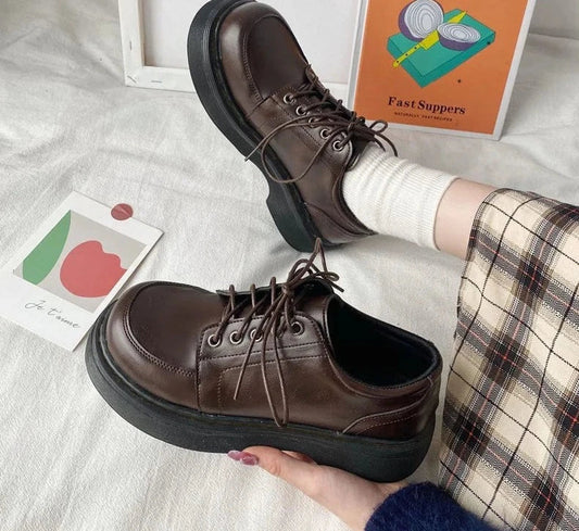 Platform Vintage Shoes Oxford Shoes autumn Vintage Brown Leather Lace Up Women Fashion Loafer Shoes Black Oxford Shoes