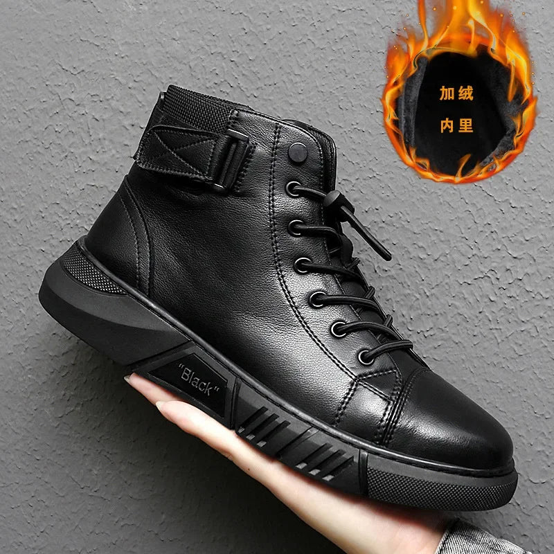 Autumn Winter Fashion Men's Ankle Boots PU Leather High Quality Comfortable Black Leather Platform Casual Shoes