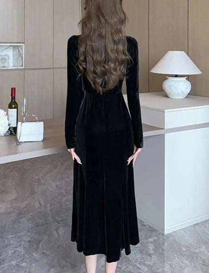 Elegant Black Velvet Mermaid Wedding Dress France V Neck Long Sleeve Slim Waist Party Prom Vestidos Autumn Winter Sexy Robe