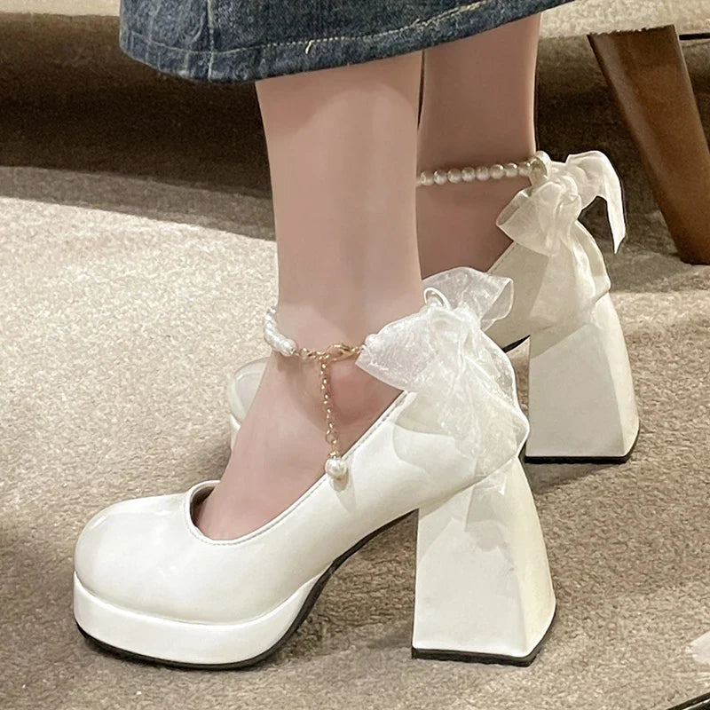 Pearl Ankle Strap Platform Pumps for Women Super High Heels Patent Leather Mary Jane Shoes Woman Lace Bowknot Dress Shoes Ladies