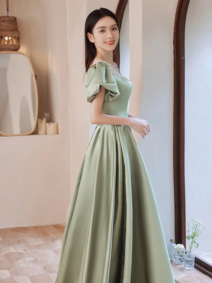 binfenxie Fairy Green Satin Prom Dress Puff Short Sleeve Lace-Up Floor Length Elegant  Evening Gown Plus Size Banquet Vestidos