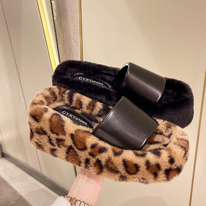 Shoes Slippers Flat Platform Women Heels Fur Flip Flops Slides On A Wedge Pantofle High Plush Soft 2022 Leopard Rome PU Fabric l