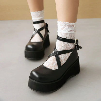 Futurecen Bowknot Lolita Shoes Platform Heels Women Pumps Japanese School JK Uniform Fashion Girl Rear Bow Tie Thick Sole Mary Jane Buckle