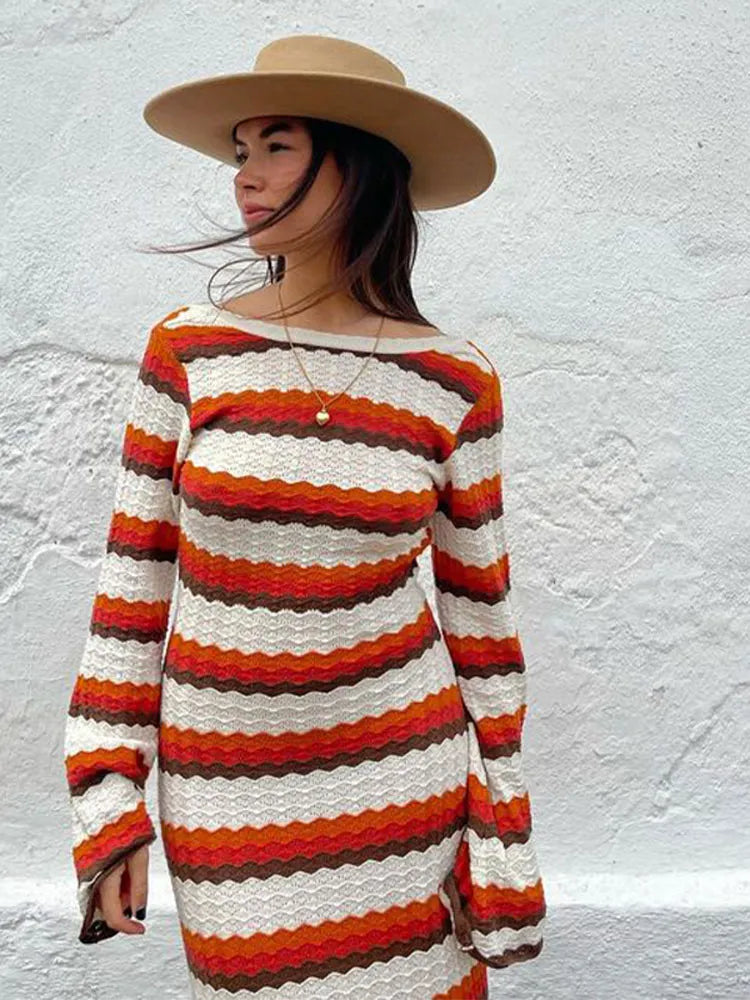 Elegant Wave Striped Cotton Knitted Maxi Dress Women Fashion O-neck Flared Sleeves Backless Dresses Female Beach Vacation Robe