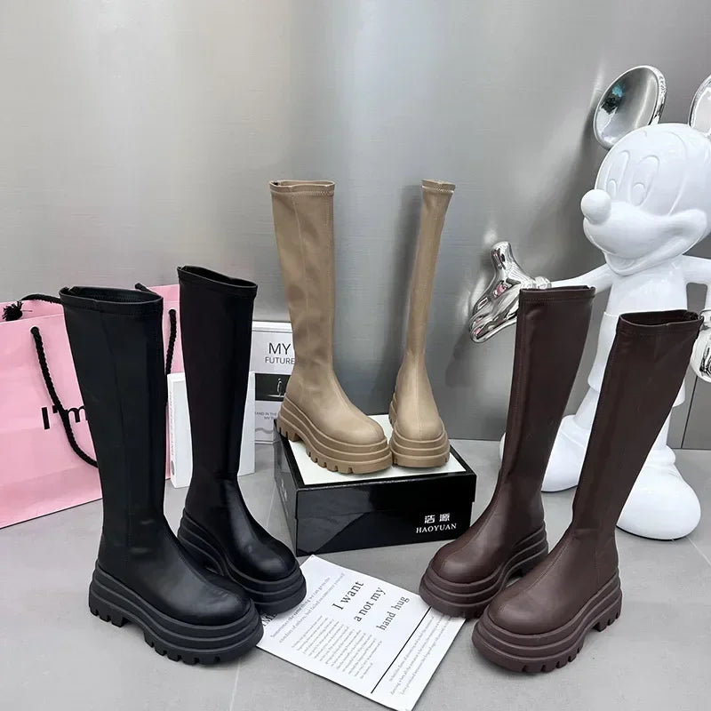 Winter Women Knight High Boots Fashion Back Zippers Ladies Elegant Platform Flats Long Booties Short Plush Women's Footwear