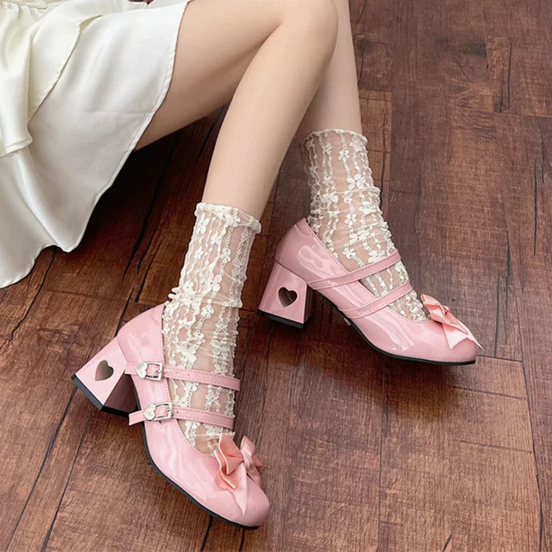 Futurecen Pink Mary Jane Lolita Shoes Women Autumn Y2K Patent Leather Low Heels Pumps Woman Silk Bowtie Ankle Straps Party Shoes