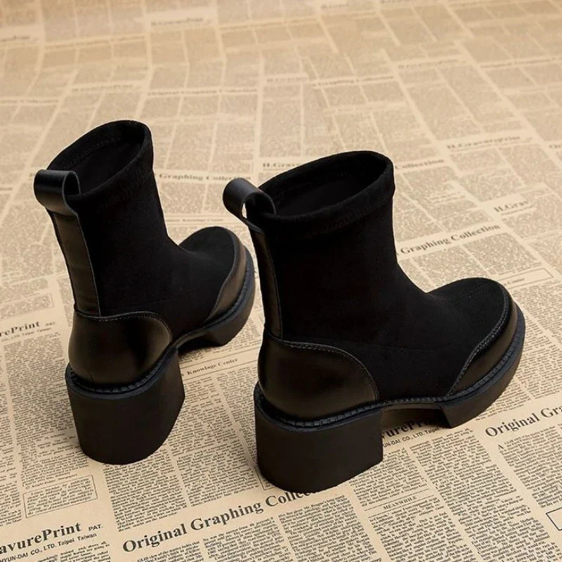 Short Shoes for Woman Black Women's Ankle Boots Sock Footwear Combat Booties Very High Heels Suede Punk Style Heeled Autumn Boot