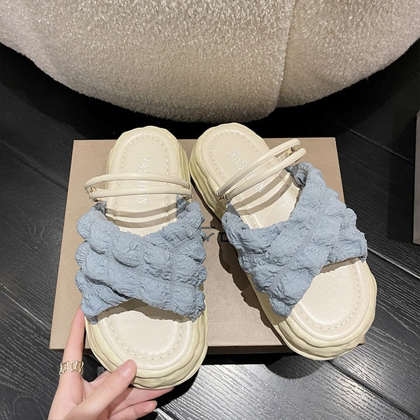 Shoes Slippers Casual Med Slipers Women Platform Slides String Bead Luxury Summer Flat Soft Fashion PU Rubber  Shoes Women