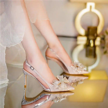 Footwear Closed Sandals for Women Thin Heels Ladies Shoes Stiletto Summer Diamond Bow Silver Rhinestones Pointed Toe Sandal