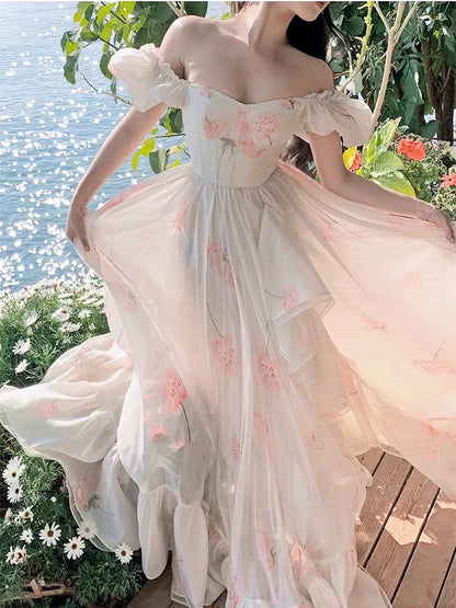 Summer Elegant Beach Floral Fairy Long Dress Women Fashion Boho Evening Party Robe Korean Chic Vestidos Clothing