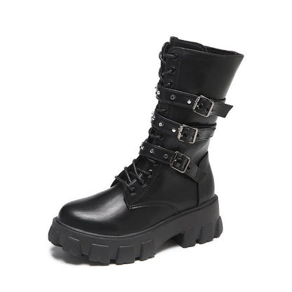 Goth Boots Woman Winter WOMEN ANKLE BOOTS Platform Shoes Sneakers Studded Belt Buckle Punk Army Chunky Heels Mid Calf Boots