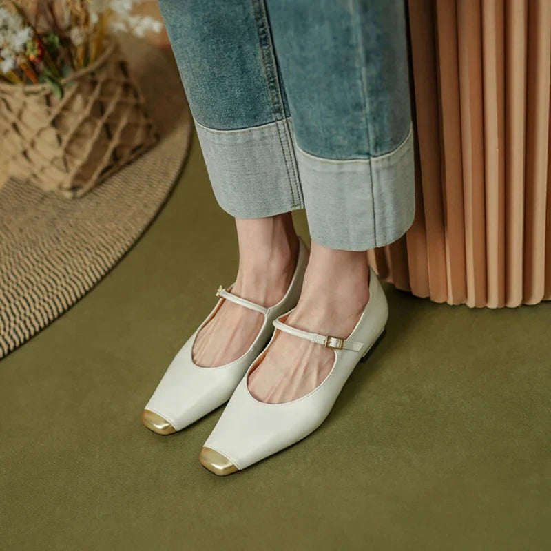 Futurecen  -  NEW Spring/Autumn Women Pumps Genuine Leather Shoes for Women Square Toe Low Heel Shoes Concise Buckle Metal Toe Mary Jane Shoes