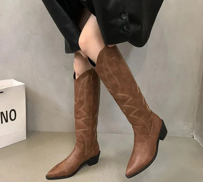 Woman Cowgirl Boots Fashion Slip On Ladies Elegant Square Low Heel Knee High Boots Shoes Women's Winter Footwear