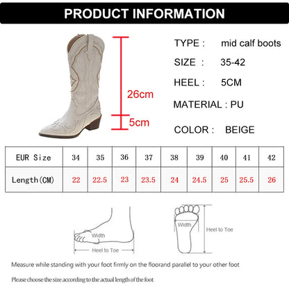 White Cowboy Boots for Women Embroidery Pointed Toe Mid Calf Botas Female Slip On Thick Heels Cowgirl Boots Woman 42