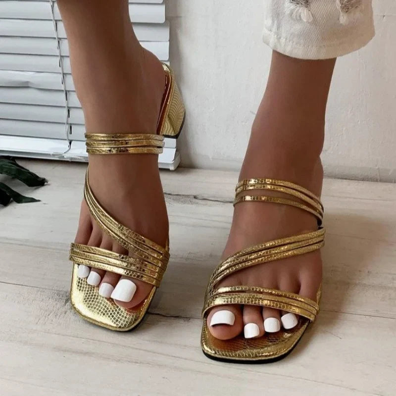 binfenxie Fashion Large 42 Thick Heel Slippers for Women Summer New Gold Strap Square Head Party Slides Outside Roman Banquet Shoes