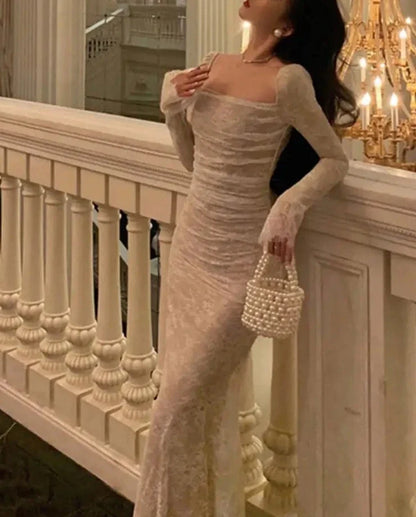 Vintage Elegant Bandage Mermaid Dress Spring Long Sleeve Lace Evening Party Prom Robe Women Casual Square Collar Vestidos Mujer