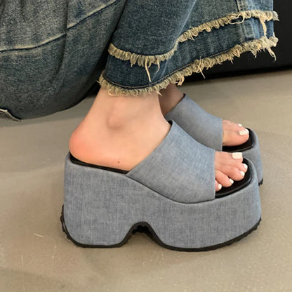 binfenxie  -  11cm Chunky Heeled Sandals Blue Denim Platform Wedges Shoes For Women Casual High Heels Slippers Zapatos Mujer Size 34-42