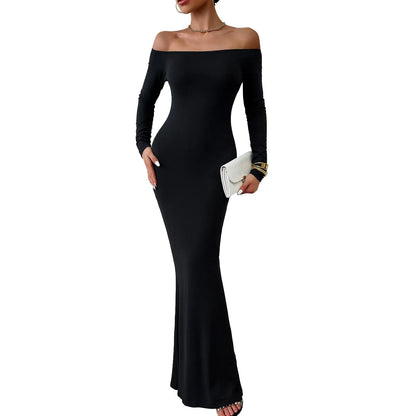 binfenxie Slash Neck Long-sleeved Sexy Dress Solid Autumn Dress for Women Elegant Party Evening Dress Slim Long Dresses Casual Bodycone