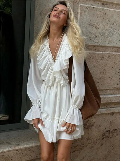 Ruffled V-Neck White Mini Dress Female Patchwork Long Sleeve Elegant Bandage Fashion Dress High Waist Lace-Up Women Dress