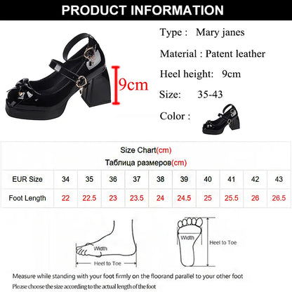 Punk Heart Buckle High Heels Pumps Women Spring Y2K Black Chunky Platform Lolita Shoes Woman Bowtie Thick Heel Gothic Shoes