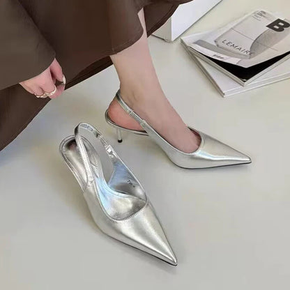 Elegant High Heels Silver Pumps Women Summer Slingbacks Pointed Toe Party Shoes Woman Solid Thin Heeled Sandals Ladies