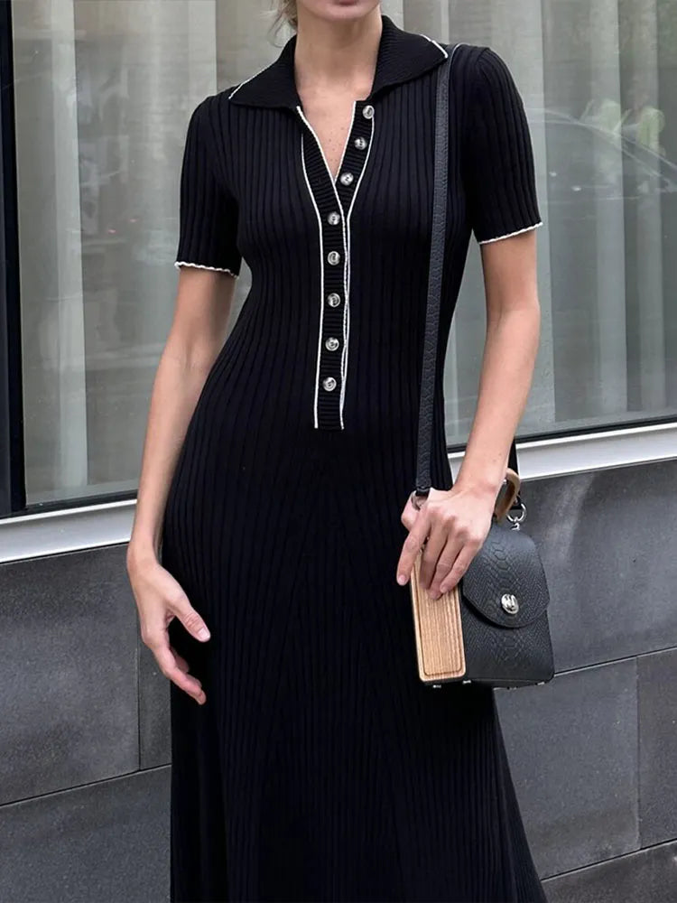 Elegant Solid Buttons Knitted Maxi Dress Women Slim Lapel Short Sleeve Ribbed Dresses Summer Female Chic Streetwear Robe