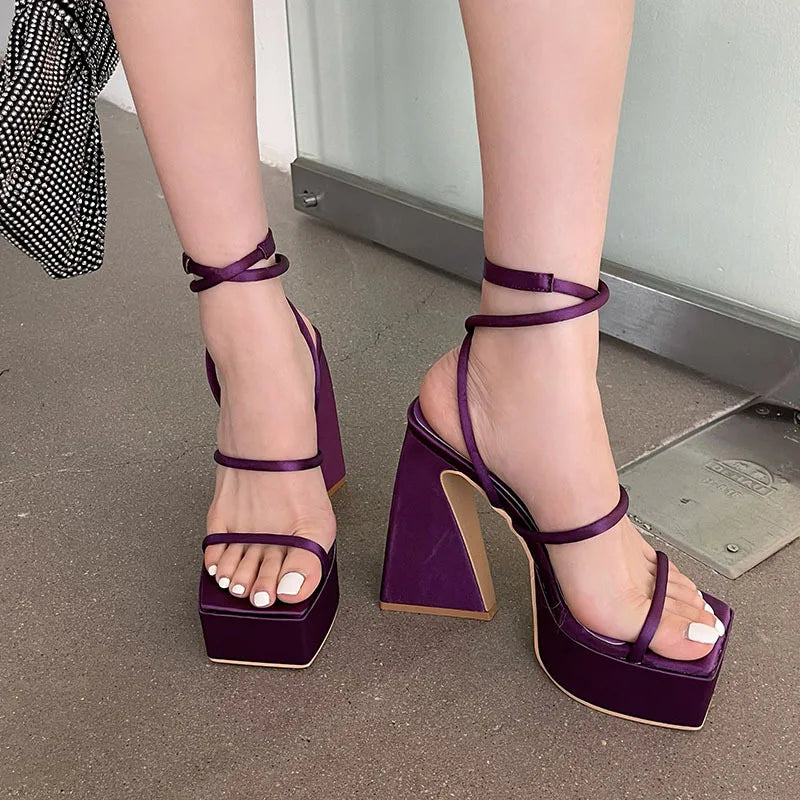 Futurecen New High Heels Women Sandals Square Toe Open Toe Pumps Platform Shoes Red Blue Thin Band Sexy Fashion Designer Party Dress Shoes