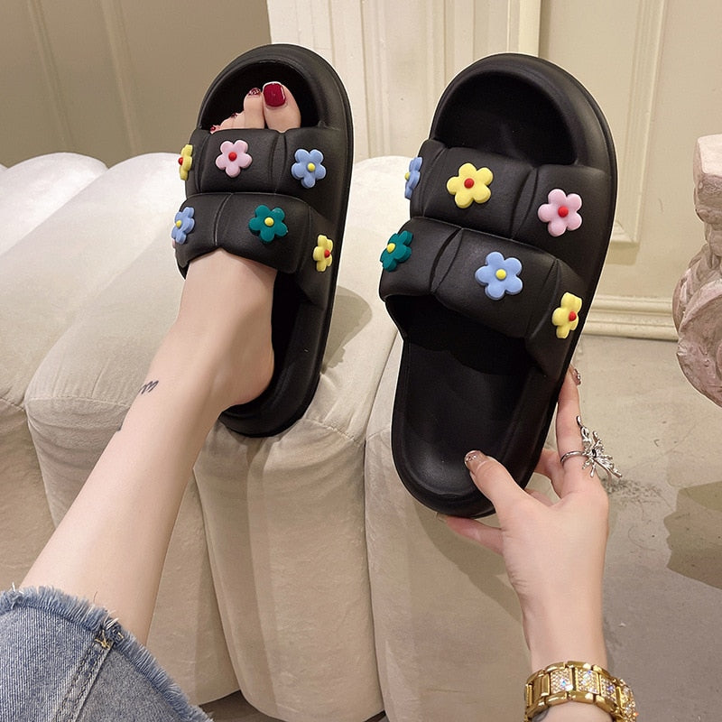 Thick Bottom Women's Slippers Beach Slide Flower Series Flip Flops Indoor Bathroom Non-slip Shoes Summer Couple Sandals