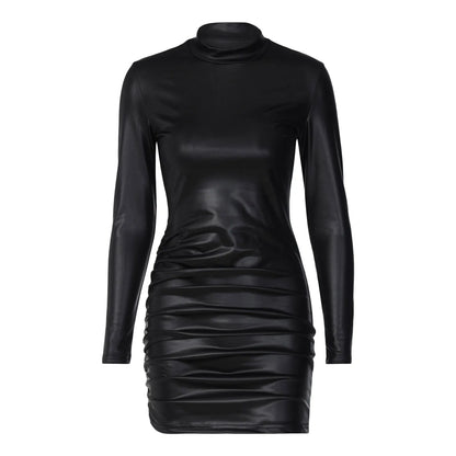 binfenxie Women Faux Pu Leather Long Sleeve Bodycon Dress Sexy Casual Ruched Mini Dress Party Club Night Outfits