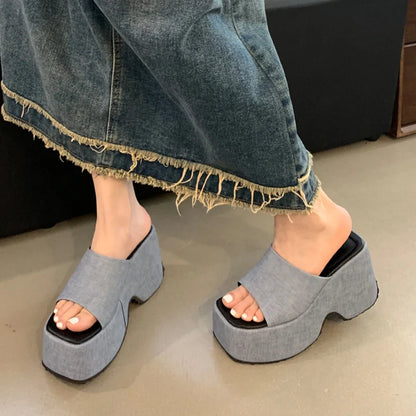 binfenxie  -  11cm Chunky Heeled Sandals Blue Denim Platform Wedges Shoes For Women Casual High Heels Slippers Zapatos Mujer Size 34-42