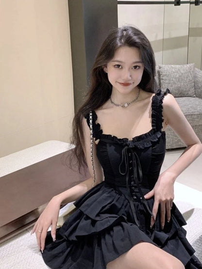 binfenxie Gothic Goth Harajuku Sexy Slip Dress Ruffles Y2k Streetwear Dark Punk Cake Dresses Party Korean Fashion 2023 Summer