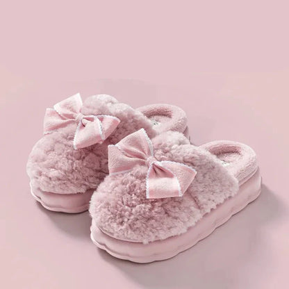 Women's Designer cute Home Platform Shoes  Winter Elegant Warm Furry Bow Slippers Causal Comfort House Bedroom Shoes Slides