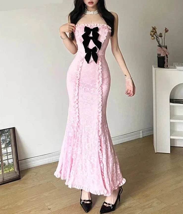 Winter Bachelor Party Formal Pink Sweet Tight Sexy Mature Beautiful Confident Women'S Long Pleated Chest Wrap Dress