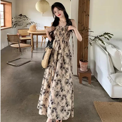 binfenxie Summer New Sweet Elegant Halter Dress Slash Neck Floral High Waist Pleats Long Dress Patchwork Holiday Style Boho Dress