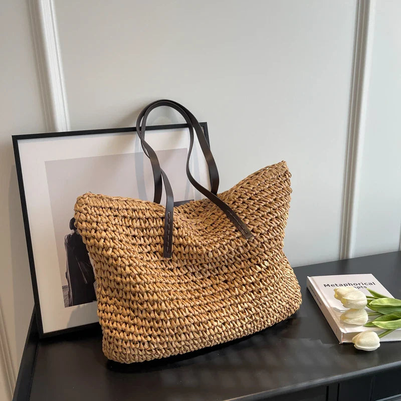 binfenxie Luxury Design Straw Woven Tote Bags For Women Large Capacity Shoulder Beach Bag Pure Color Summer New Big Shopping Handbag