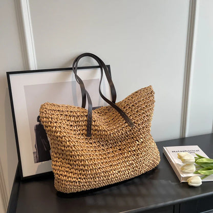 binfenxie Luxury Design Straw Woven Tote Bags For Women Large Capacity Shoulder Beach Bag Pure Color Summer New Big Shopping Handbag